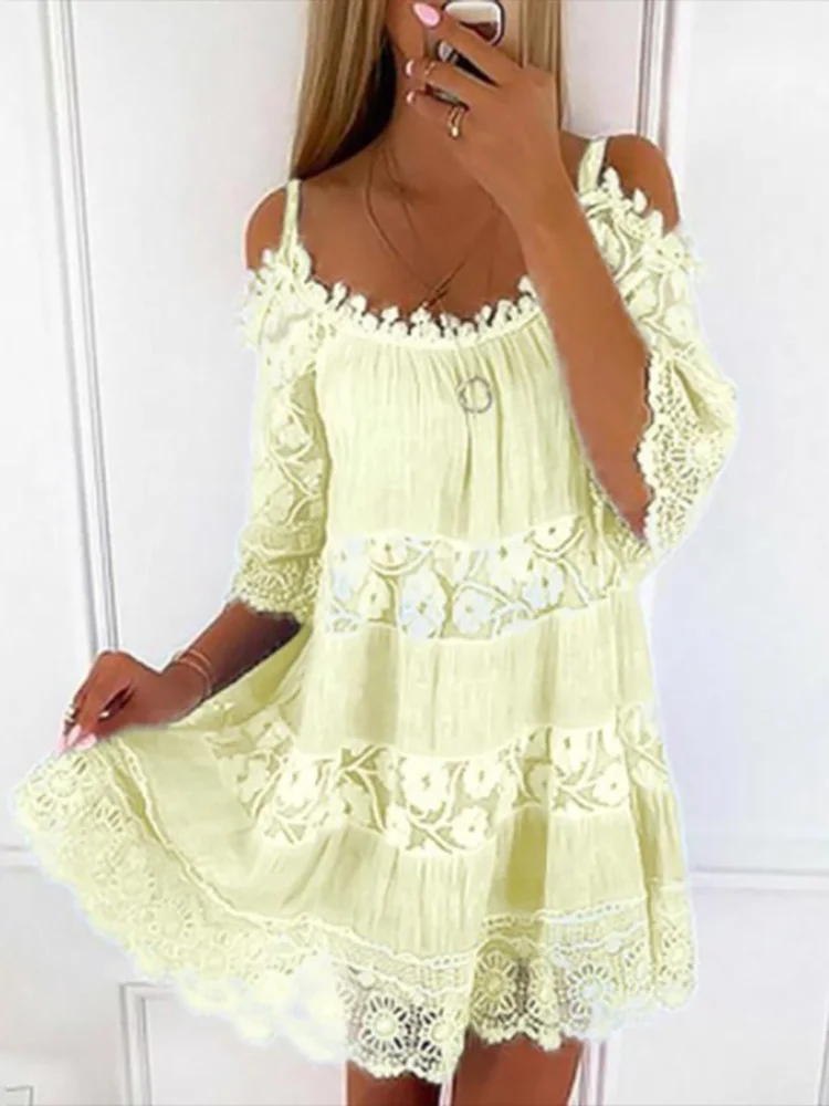 Women Lace Round Neck Mini Dress Spring Summer Hollow Out Short Sleeve Patchwork Dress Loose Off Shoulder Beach Dress Vestidos