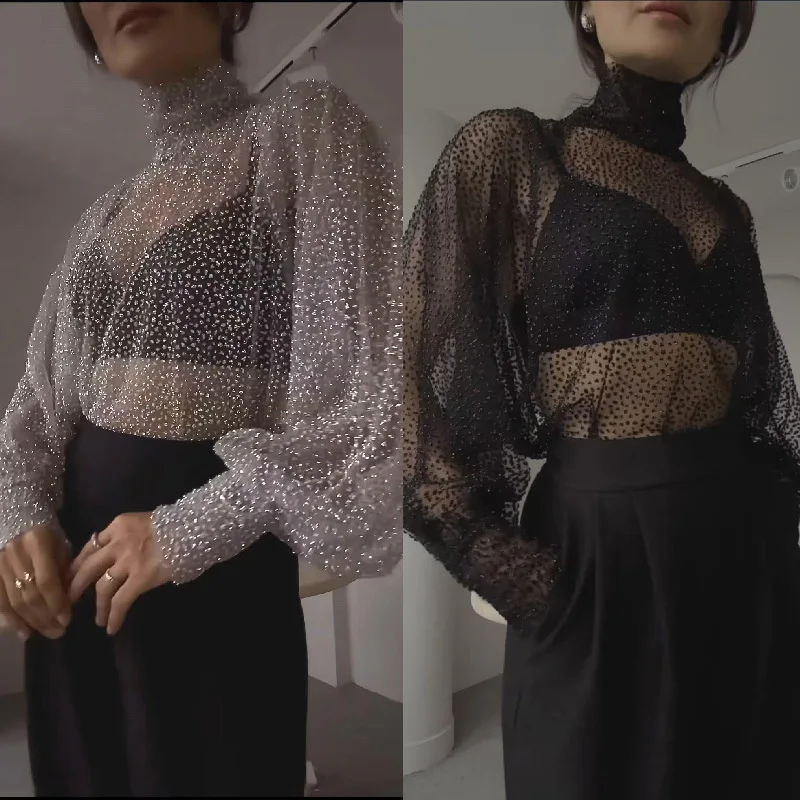 Elegant Turtleneck Rhinestone Shiny Party Blouse Women Spring See Through Mesh Lace Top Summer Lantern Sleeve Office Lady Shirt