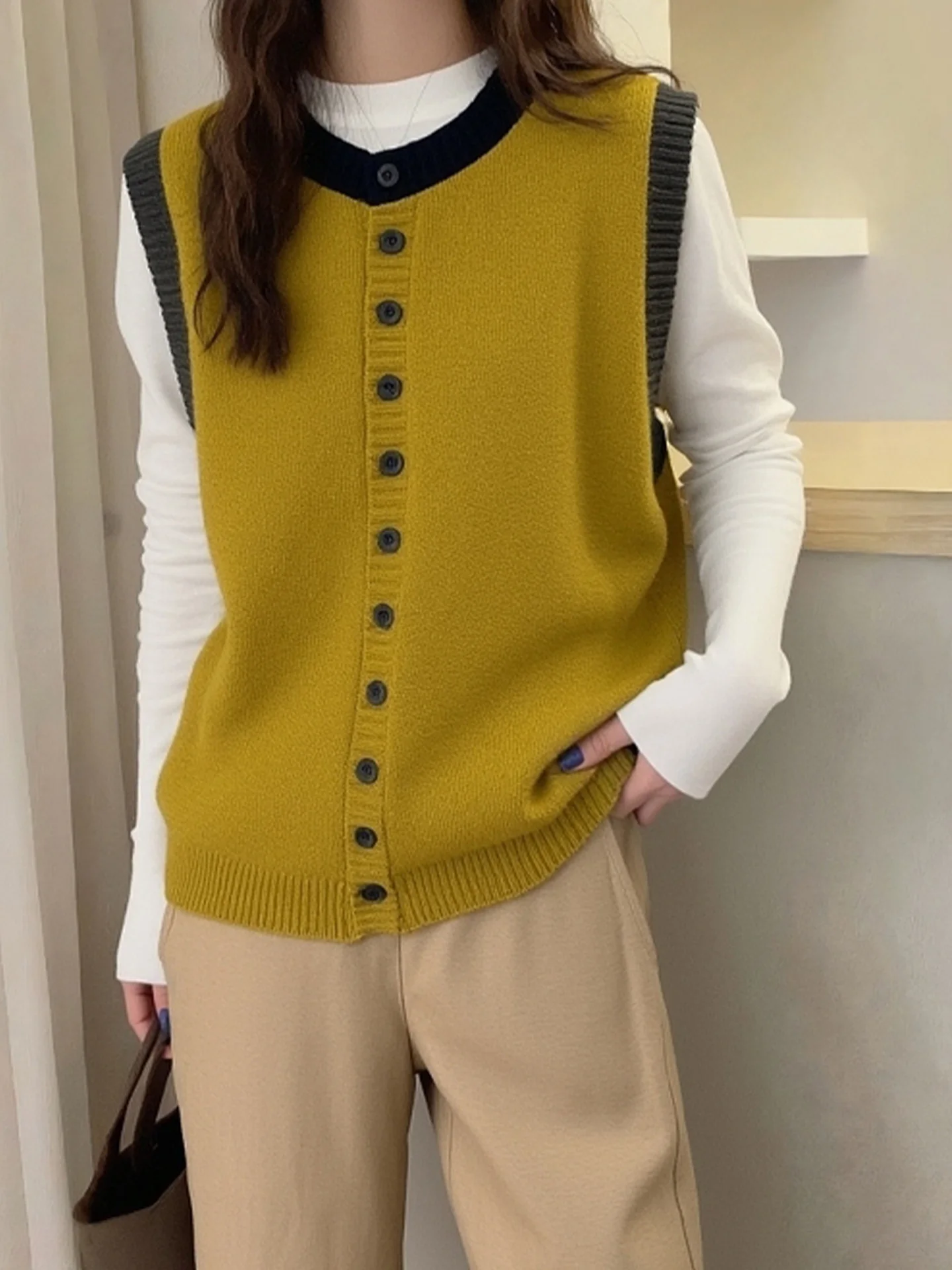 Luźna, okrągła kamizelka z dzianiny, prosty krój, top Camere Bal, styl dojazdowy, modny, jesienny odzież damski.