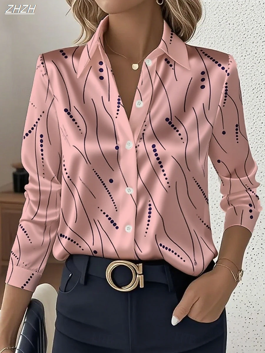 Women's 2025 Long Sleeve Shirt,Polyester Blend Slim Fit, Geometric Striped Graphic Casual Daily Wear, Spring Autumn Blouse Tops