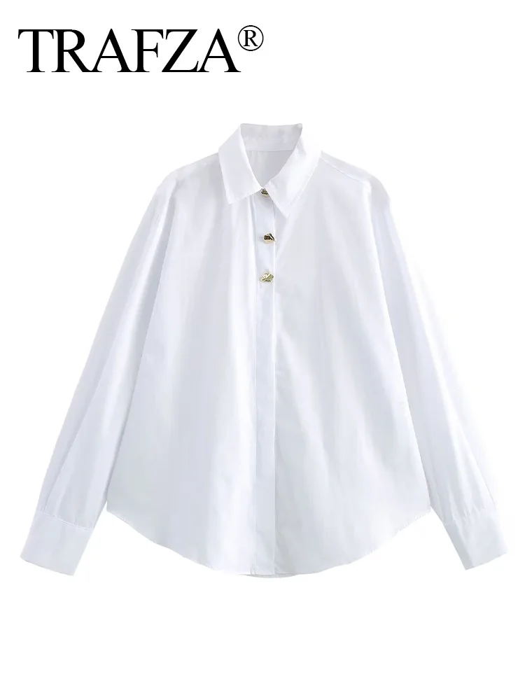 TRAFZA Woman Spring Gold Button Decoration Single-breasted Shirts Top Women Elegant Solid Turn-down Collar Long Sleeves Blouse