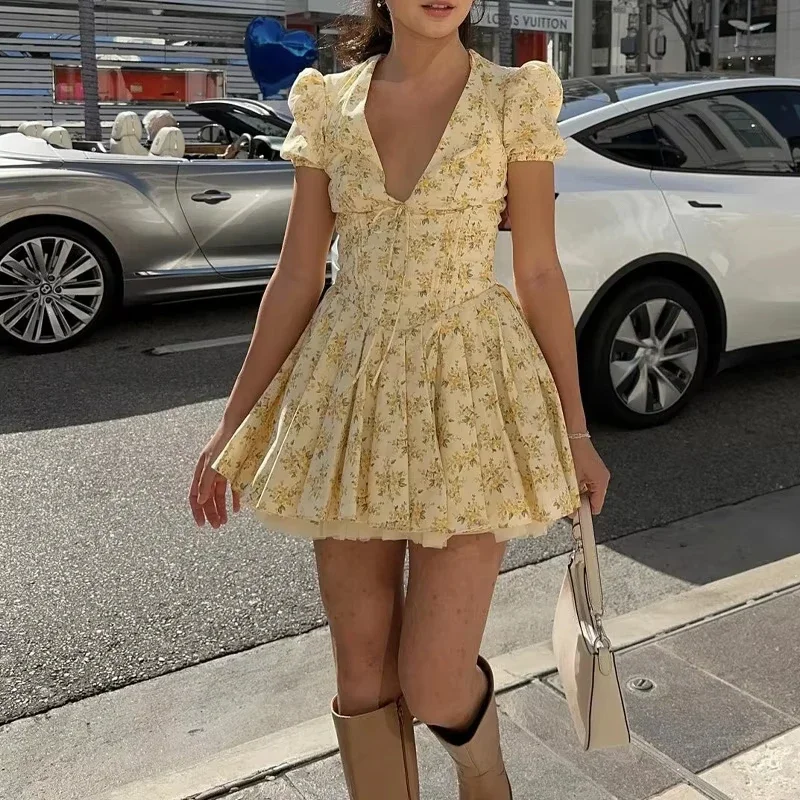 

Pop Printed V-neck Puff Sleeve Mini Dress Floral Print High-waisted Bow Embellished Dress
