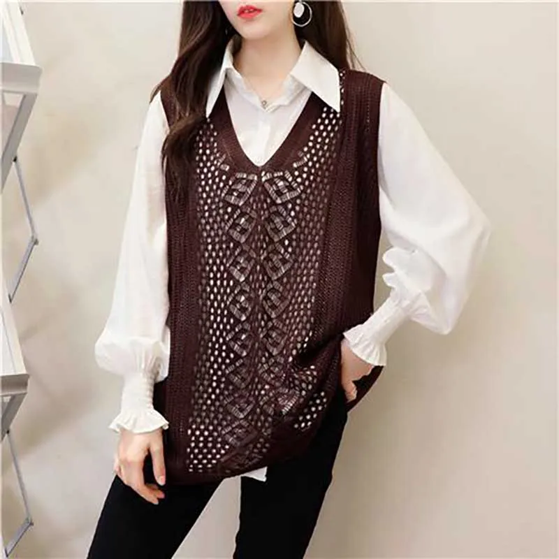 Fashion V-Neck Solid Color Hollow Out Vest Sweaters Women\'s Clothing 2024 Spring New Loose Knitted Korean Pullovers Casual Tops