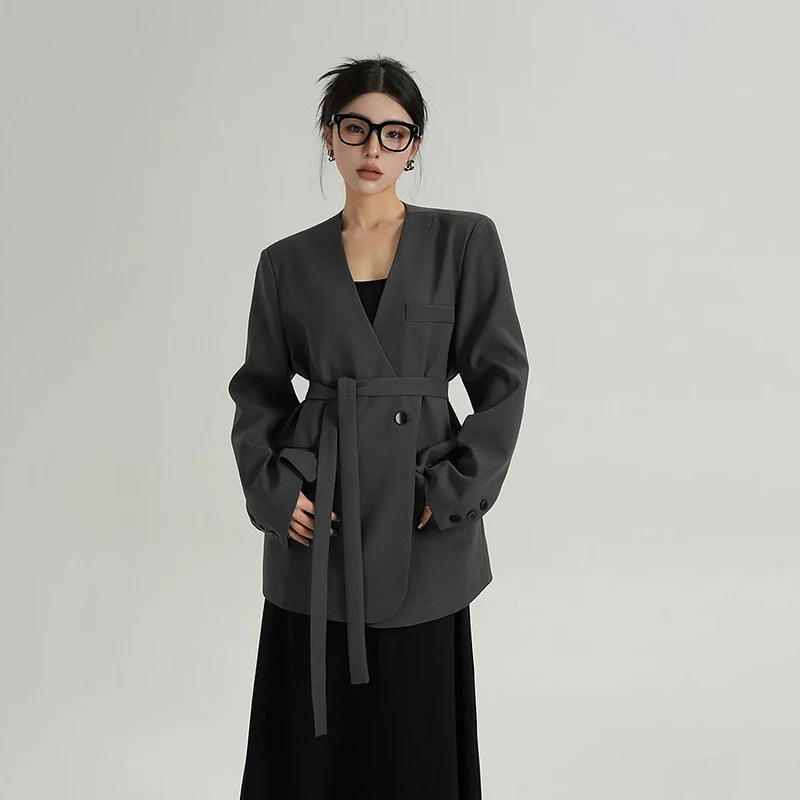 여성을위한 블랙 블레이저 가을 우아한 오피스 레이디 V 넥 정장 재킷 Y2K 한국 streetwear 느슨한 싱글 브레스트 여성 outwears