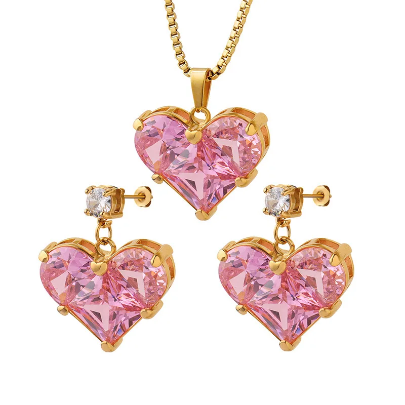 3pcs Trendy Y2k Heart-shaped Zircon Pink Crystal Pendant Earrings Necklaces Set for Women Heart Elegant Exquisite Party Jewelr