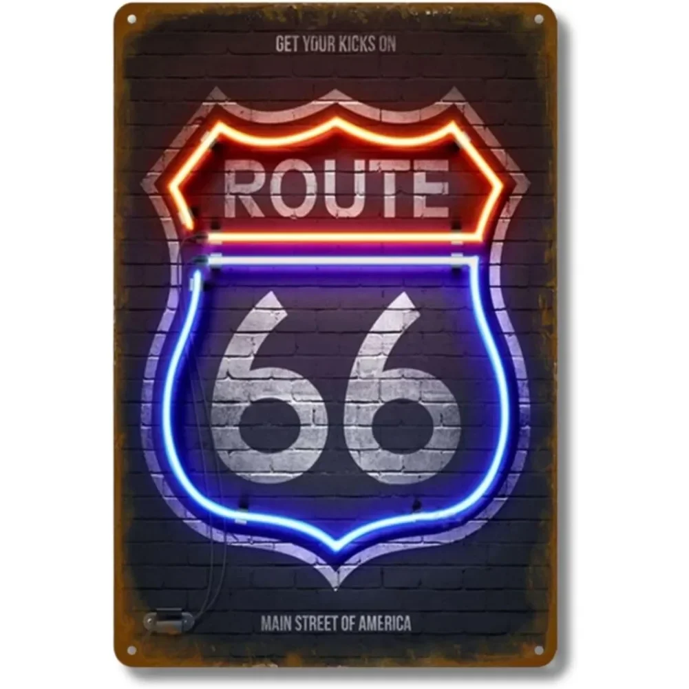 Retro Route 66 Neon Aluminum Sign Interesting Bar & Restaurant Decoration Street Art Poster 12x18 Inch
