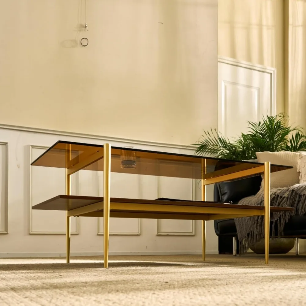 طاولة قهوة زجاجية بطبقة مزدوجة من Saint Mossi Tadio لغرفة المعيشة، زجاج بني ورف سفلي من MDF باللون البني #5