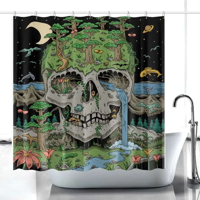 Trippy Skeleton Skull Colorful Forest Moon Stars Shower Curtain Watercolor For Bathroom Decorative