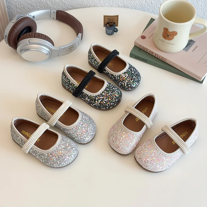 

2025 Spring New Children Girls Soft Sole Sandals Baby Girl Princess Shoes Glitter Crystal Shoe Children Flat Girl Leather Shoes