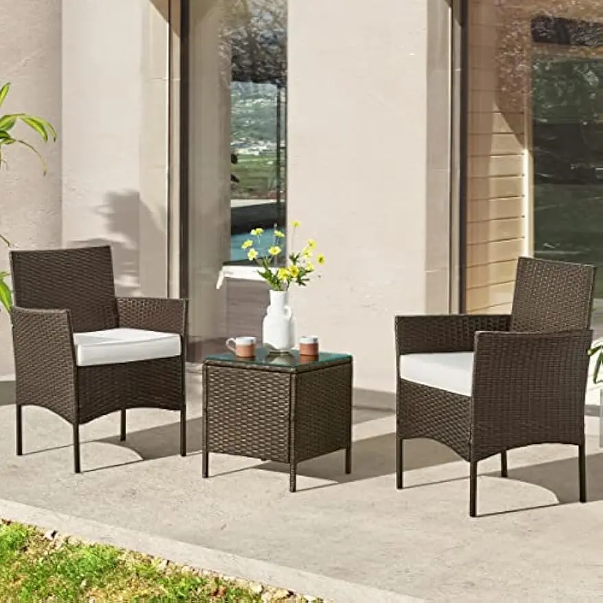 80-OUTD-WK-CUSHCHTBL (Brown) Outdoor Patio Set – 3-Piece Rattan Seating Combo with 2 Cushioned Chairs