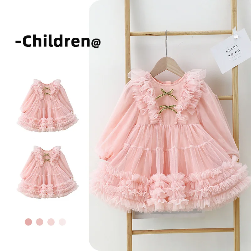 

Toddler Girls Lolita Gothic Gauze Layered Dresses Kids Retro Ruffles Long Sleeves Princess Lace Costume