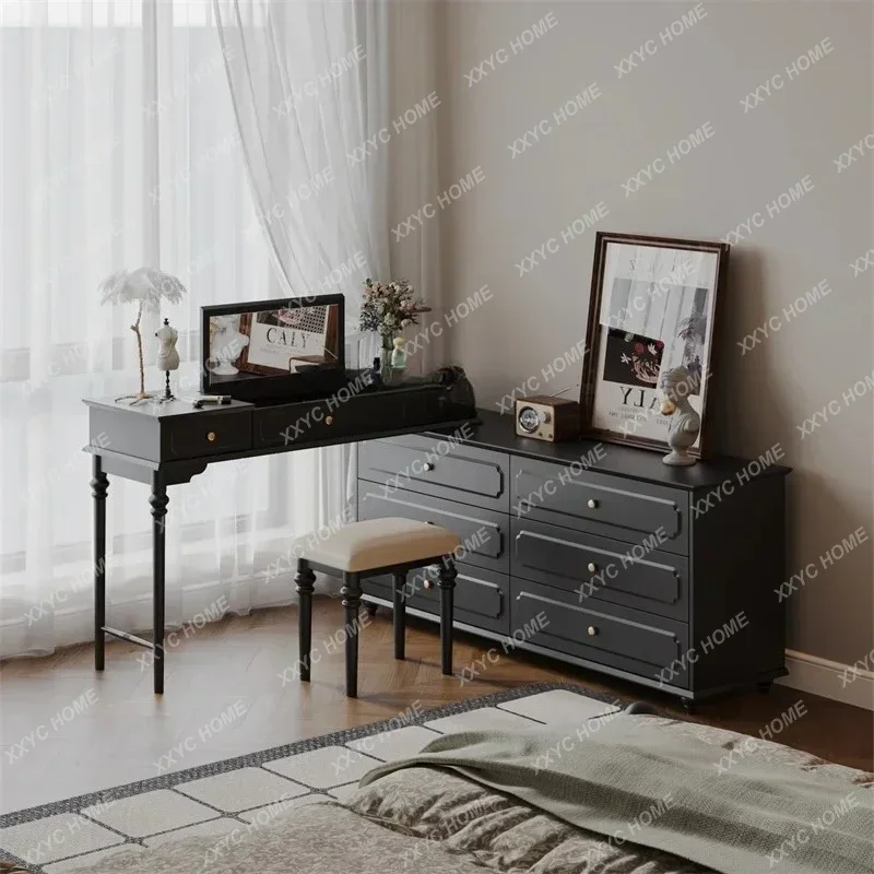 A  American Master Bedroom Bedside Table Drawer Recessed Pre-Style Bedroom Black Flip Vanity Mirror