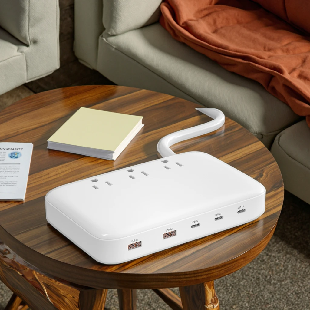 US Standard 15A 125V Surge Protector Multi-plug 3 AC Outlets Wall Socket 5 USB Charging Ports 3 USBC Port 1.2m/1.5m ABS