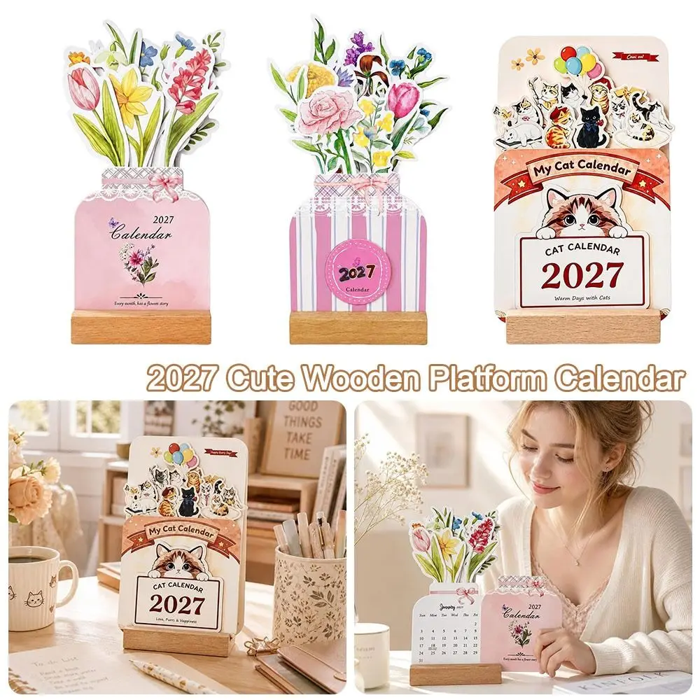 Paper 2027 Desk Calendar Floral Artwork Wooden Base Wooden Table Calendar Monthly Monthly Desk Calendar Home Office Decorative