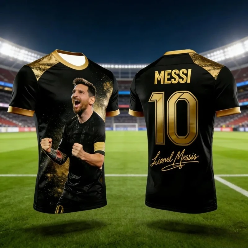Camiseta Deportiva Unisex Inter Miami, Estilo Hip Hop Urbano, Messi Número 10, Negra con Detalles Dorados Brillantes, Impresión 3D en Toda la Superficie, Transpirable