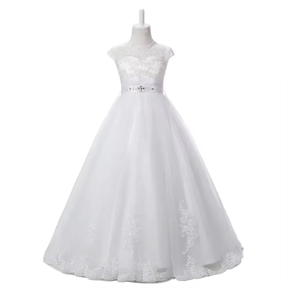 Abito da sposa per ragazza di fiore in pizzo bianco con applicazioni di perline con fiocco Abito da principessa per festa di compleanno Abito da battesimo per prima comunione per bambini