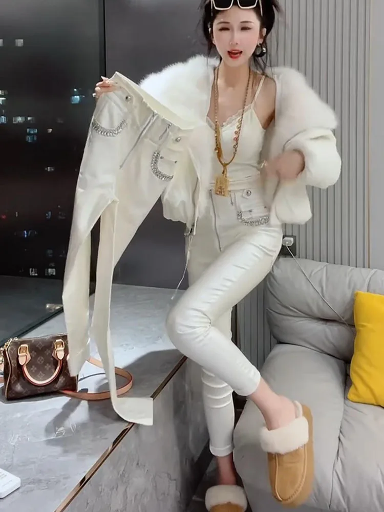 

European Heavy Industries Diamond Coated Pencil Pants Women's Winter New High Waist Leg Pants Pew Bottom Boots Pants