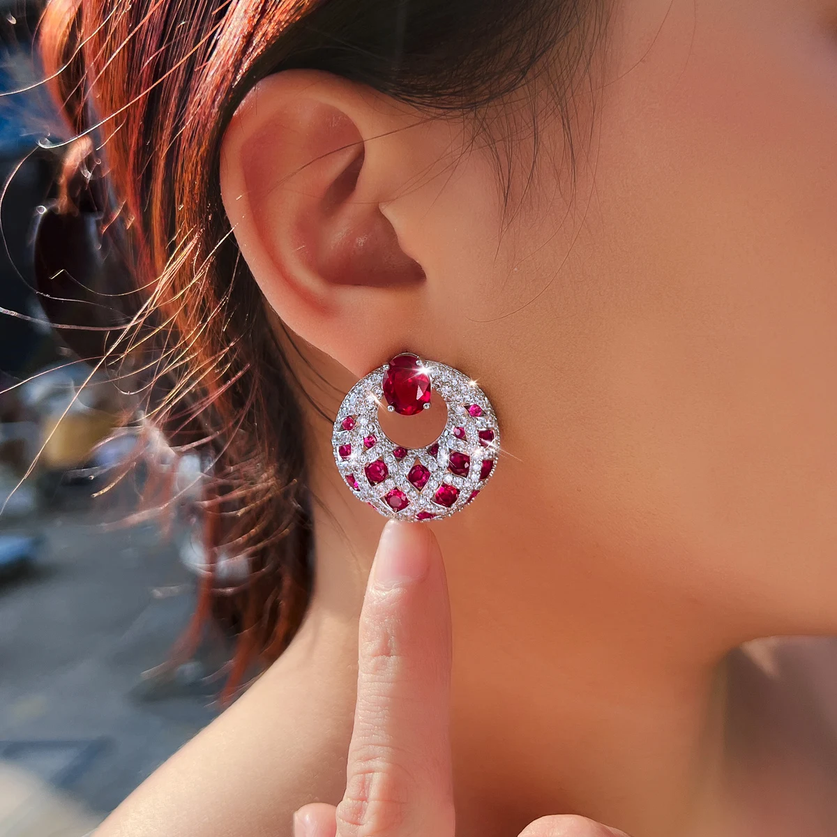 CWWZircons Top Hot Luxury Pink Red Cubic Zirconia Big Round Party Drop Earrings for Women Christmas Jewelry Festive Gifts E0838
