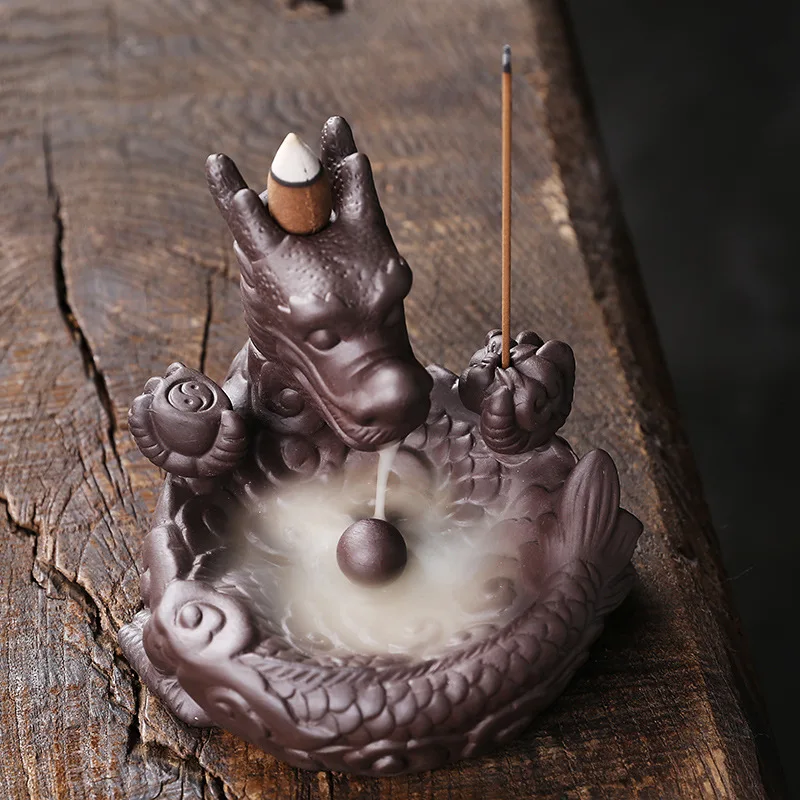 1 Stück, lila Ton, handgefertigt, Drache, Rückfluss, Weihrauchbrenner, Glücksbringer, Heimdekoration, Feng Shui, Reichtum, Transferball, Brenner, Tee, Haustier
