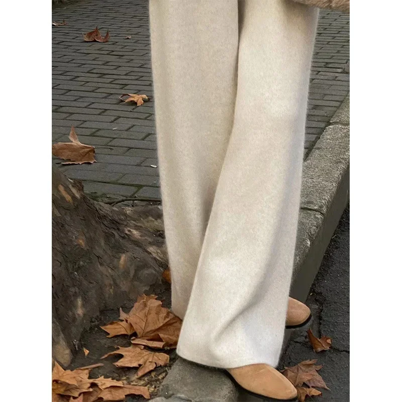 Autumn Winter Fashionable Knitted Thick Wide Leg Pants Straight Cut Floor Length Drapey Casual Pants for Pear Shaped Body