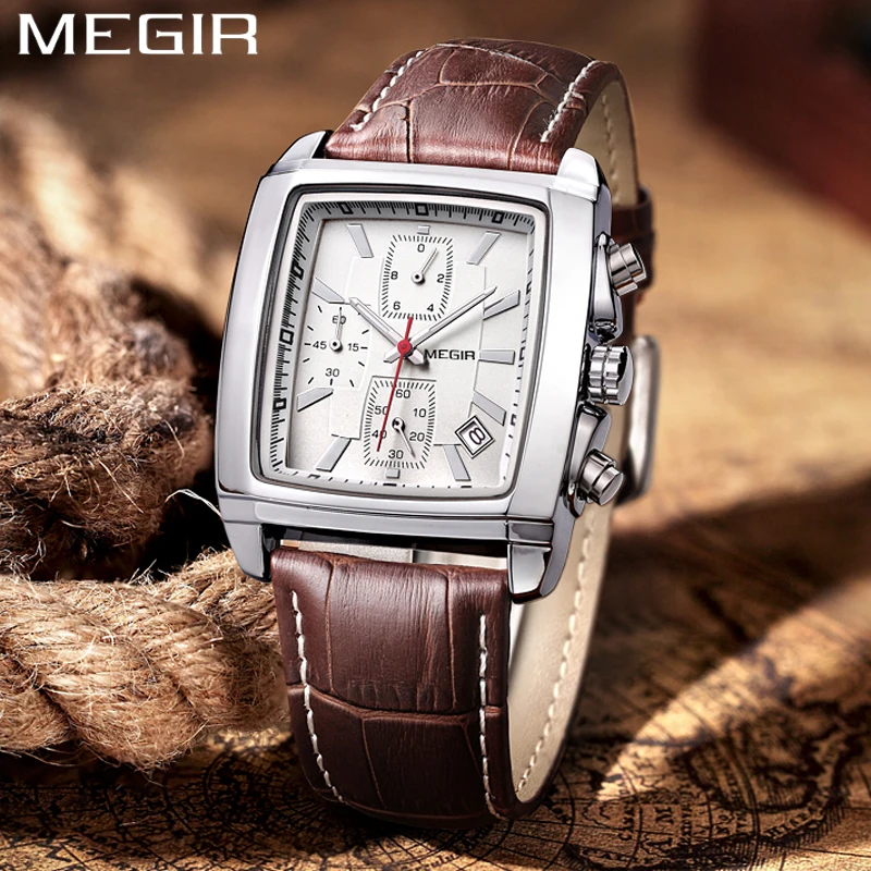 MEGIR Fashion Casual Men Chronograph Quartz Watch Top Brand Military Sport Wristwatch Man Rectangle  Leather Watches Male 2028