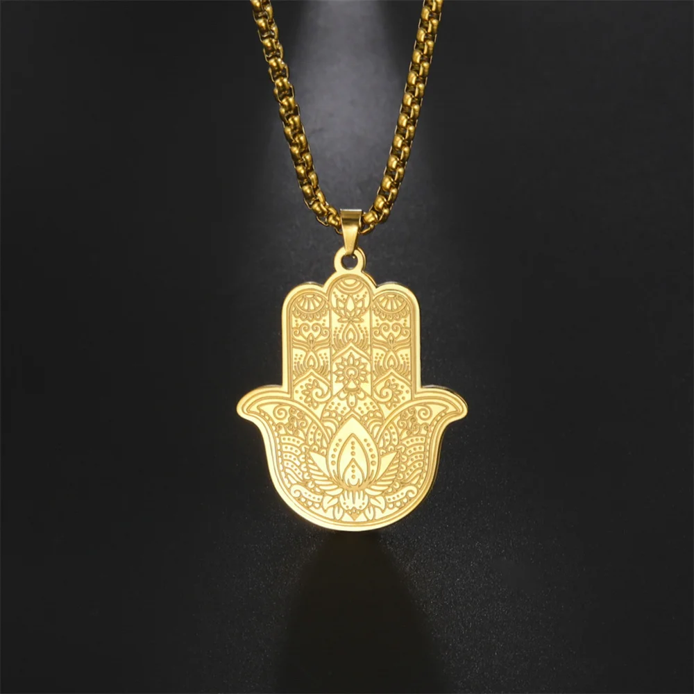 EUEAVAN Hamsa Hand Lotus Flower Pendant Necklace Stainless Steel Box Chain Fatima Yoga Hindu Necklaces Vintage Amulet Jewelry