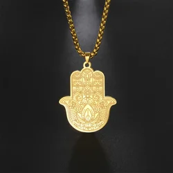 EUEAVAN Hamsa Hand Lotus Flower Pendant Necklace Stainless Steel Box Chain Fatima Yoga Hindu Necklaces Vintage Amulet Jewelry