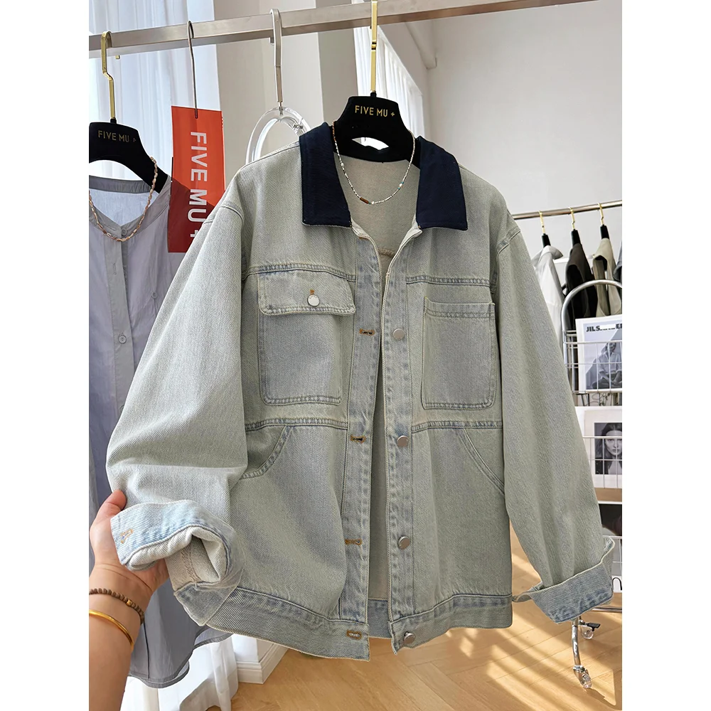 Women Casual Denim Jacket Vintage Multi Pockets Cargo Distressed Loose Fit Streetwear Spring Autumn Jeans Coat Outerwear