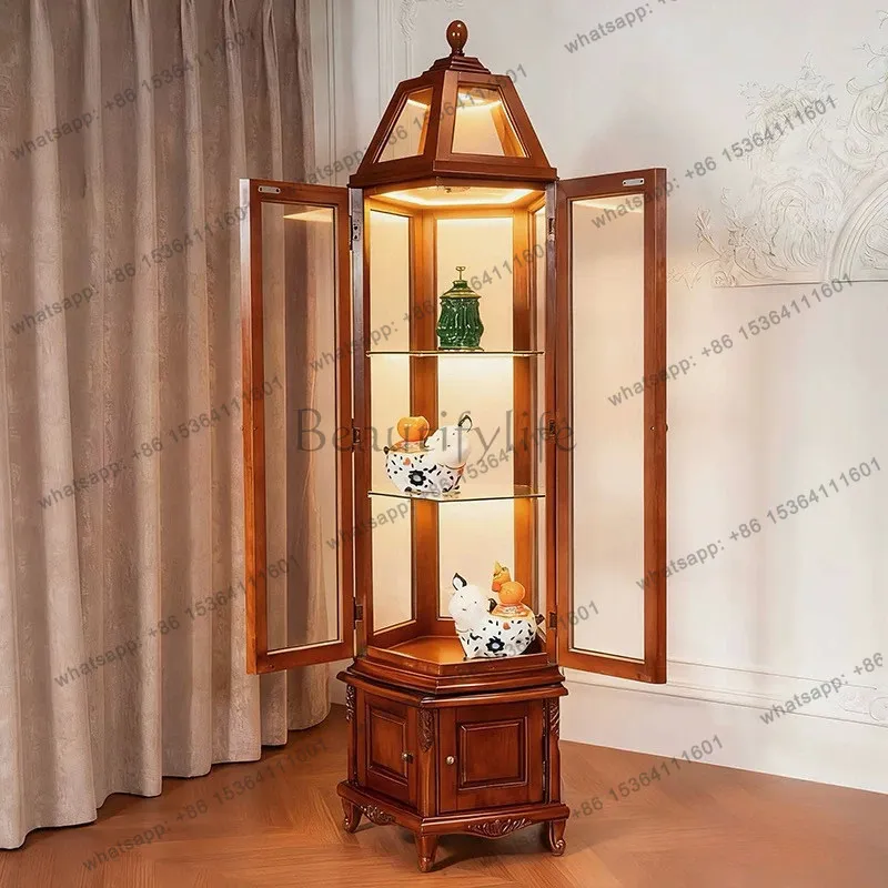 American solid wood wine cabinet living room rotatable floor glass door display cabinet