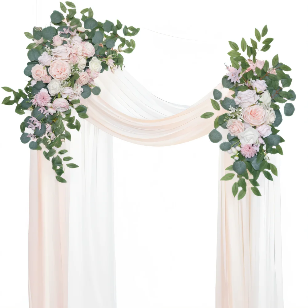 

Yannew 4pcs/Set Fancy Wedding Arch Flowers and Chiffon Drapes Kit for Wed Ceremony Arbor Backdrop Reception Floral Decoration