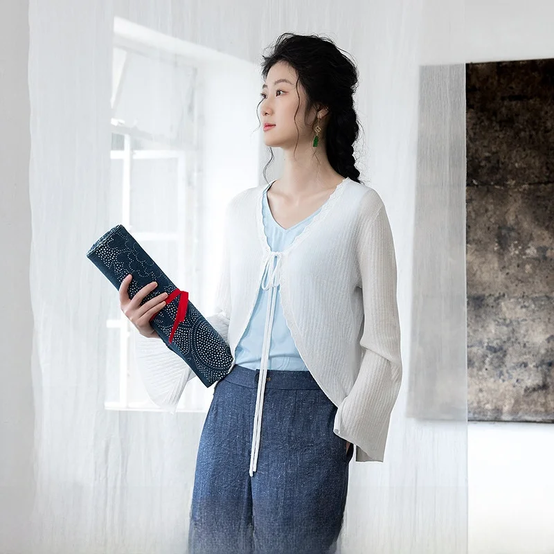 

Женский вязаный жакет Ele с рюшами, новинка лета 2025, винтажный, универсальный, модный, с длинными рукавами, V-образным вырезом, короткое пальто