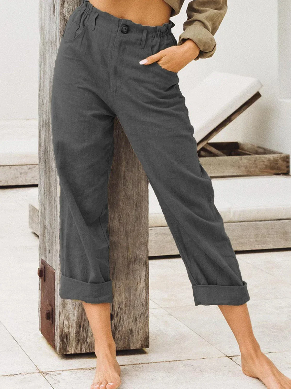 

2025 Cotton Linen Calf Pants Summer High Waist Button Pocket Harem Pants Women Loose Trousers Брюки с высокой талией из хлопка