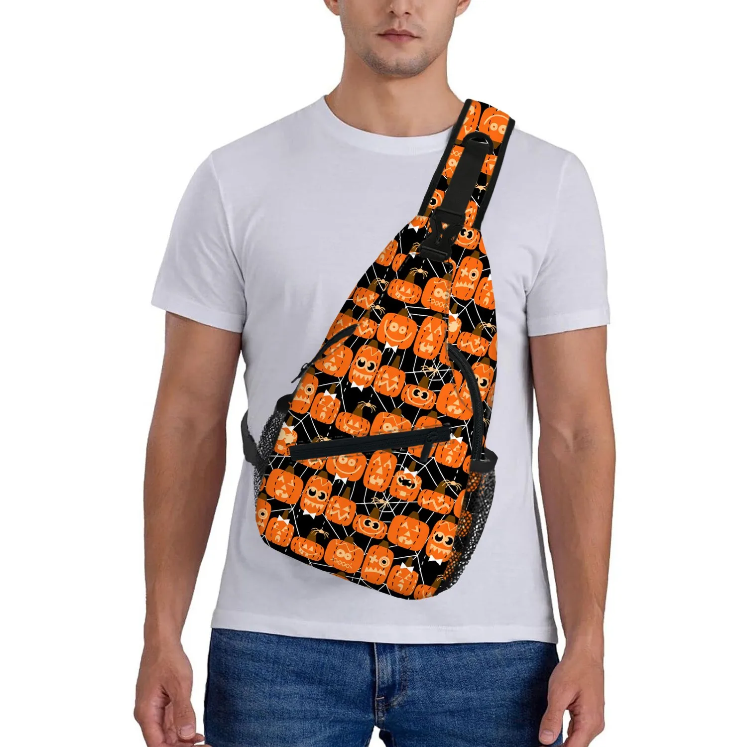 1pc Spooky Pumpkin Faces Bag for Men Women, Lightweight Crossbody Chest Backpack, Adjustable Strap Shoulder Belt Bag