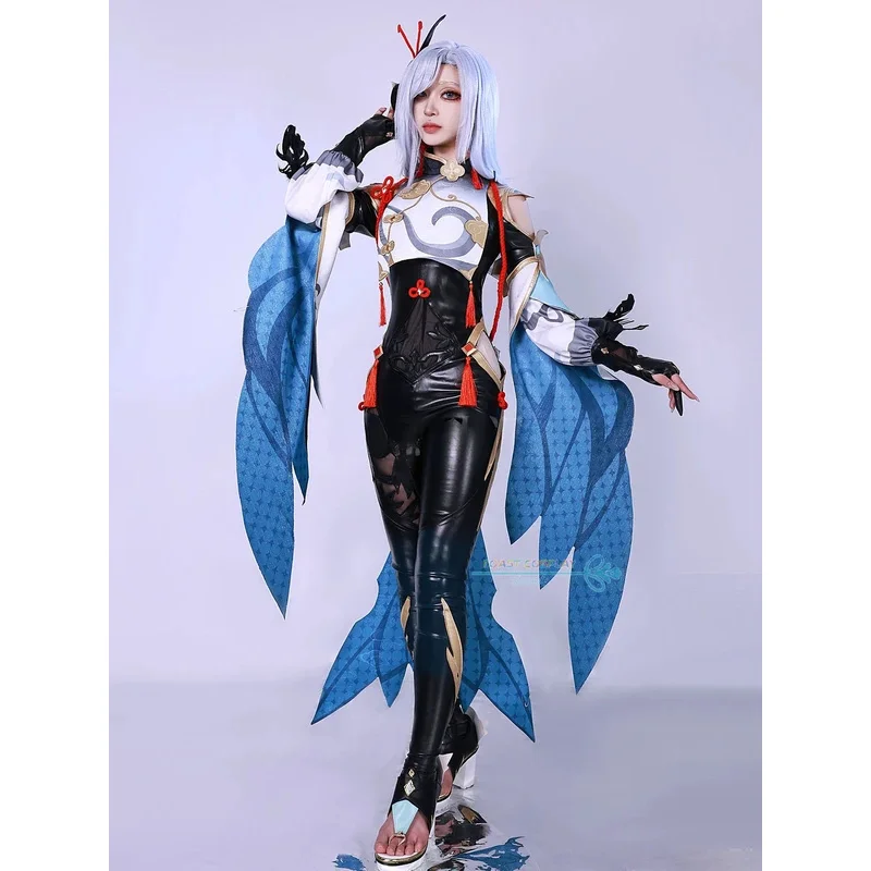 Shenhe تأثيري لعبة Genshinimpact Shenhe ثلاثية الأبعاد طباعة تأثيري فستان مُصمم حسب الطلب شعر مستعار أحذية أنيمي دور اللعب كرنفال ملابس للحفلات