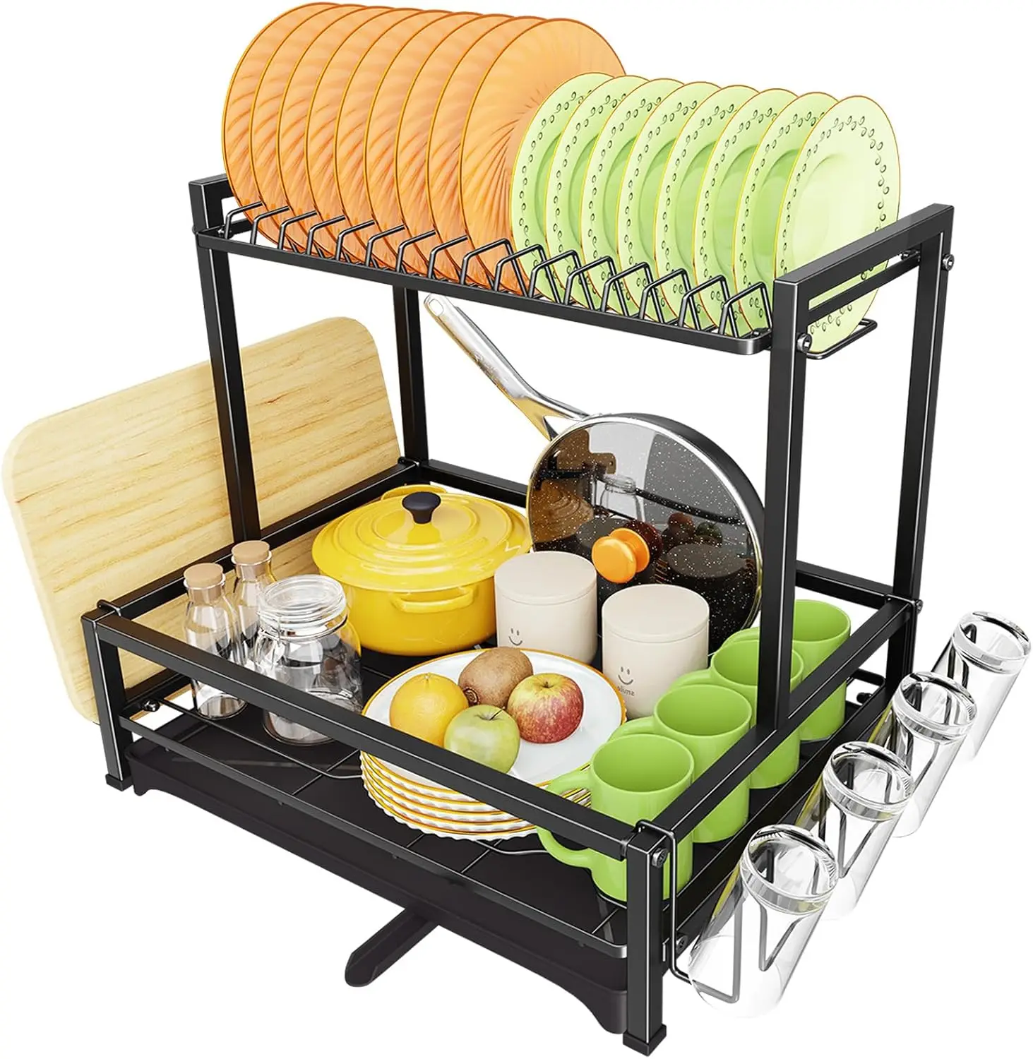 

Kitchen Dish Drying Rack, 2-Tier Dish Rack with Drainboard, Stainless Steel Dish Drainer Organizer, Black