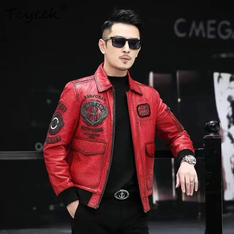 Tcyeek Top Layer Oil Wax Sheepskin Jackets Genuine Leather Mens Jacket Trendy Short Lapel Motorcycle Coats 2026 Autumn Jaquetas