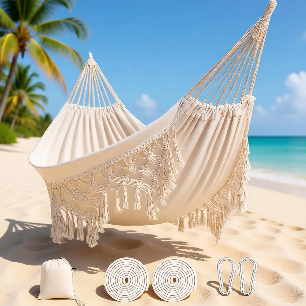 

Портативный двойной хлопковый гамак с кисточками, идеально подходит для использования в помещении или на улице, выдерживает до 227 кг, белый