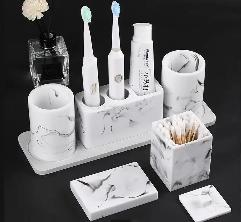 

Resin Wash Set Toiletries Bathroom with Tray Toothbrush Holder Mouth Cup Lotion Bottle Cotton Swab Box Soap Dish