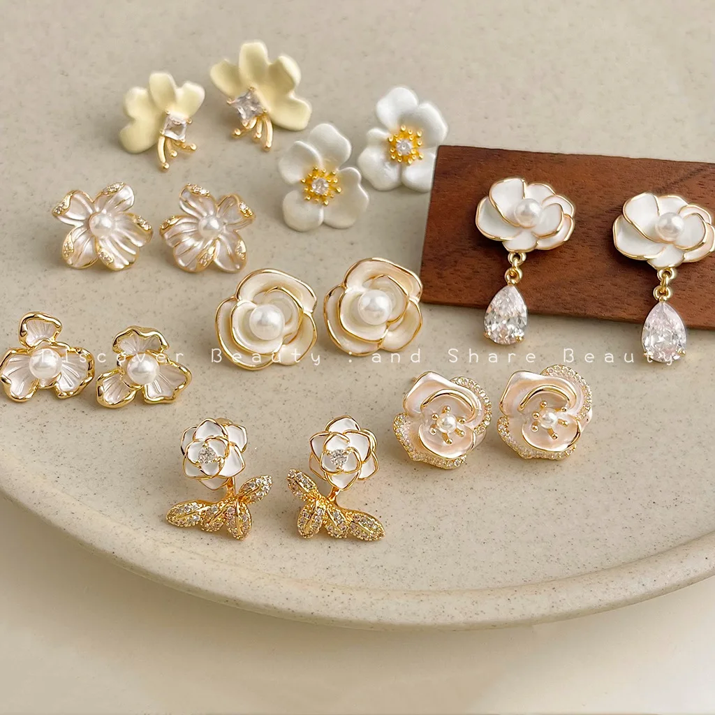 

Серьги-гвоздики DIY с французскими кремово-белыми цветами, имитирующими капли масла, для женщин, свежие и нежные, легкие, роскошные, с цирконами, в корейском стиле