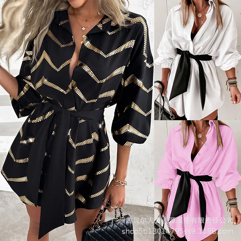 

Dress Women Shirt Dresses Print Mid Length Vestidos Turn Down Collar Full Sleeve Tight Waist Lace Up Slim Fit Elegant Splice