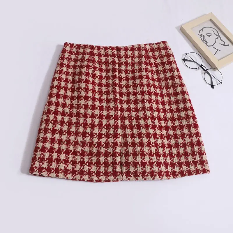 Faldas Mujer Юбка Mini Skirt Jupe Vintage Thousand Bird Plaid Woolen Skirts Ropa Autumn Winter