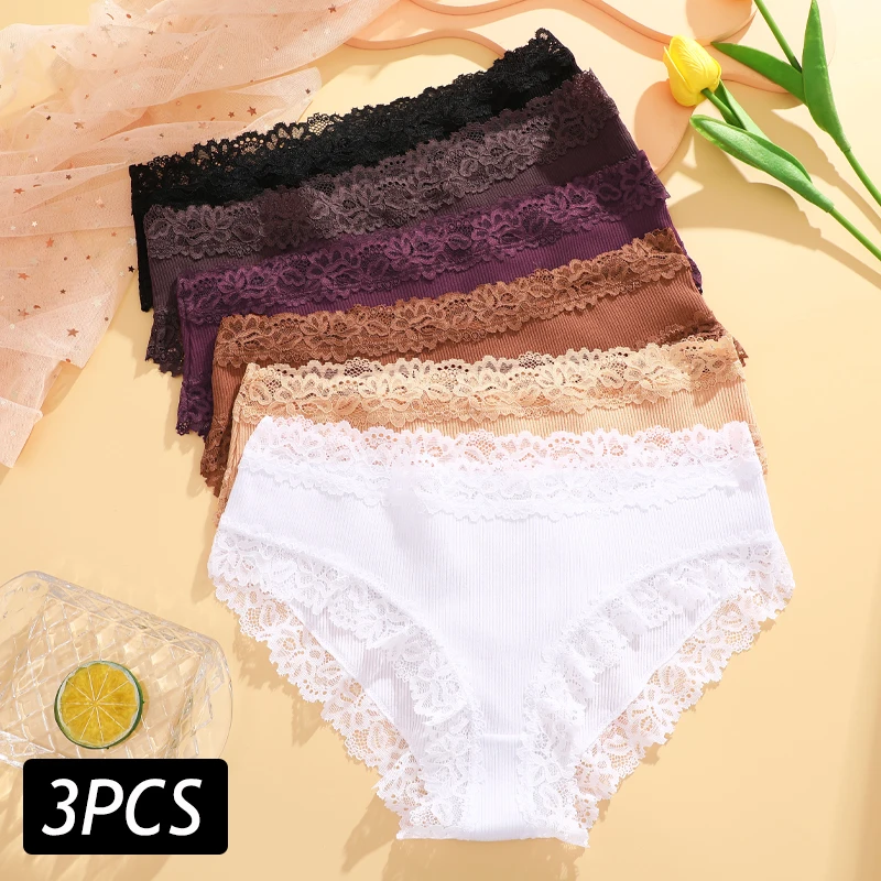 3PCS/Set Sexy Lace Cotton Panties for Women Flroal Lace Seamless Briefs Low Ris…