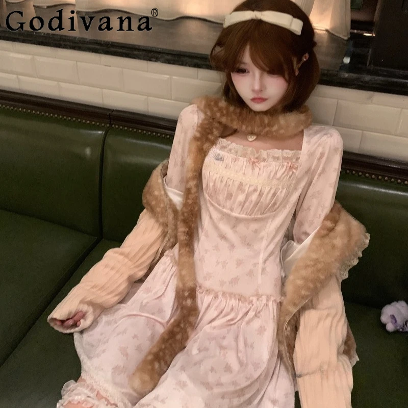 

Gentle Clear Style Lace Floral Dress for Women Japanese High Waist Short Dress Female Square Collar Princess Lace Dress