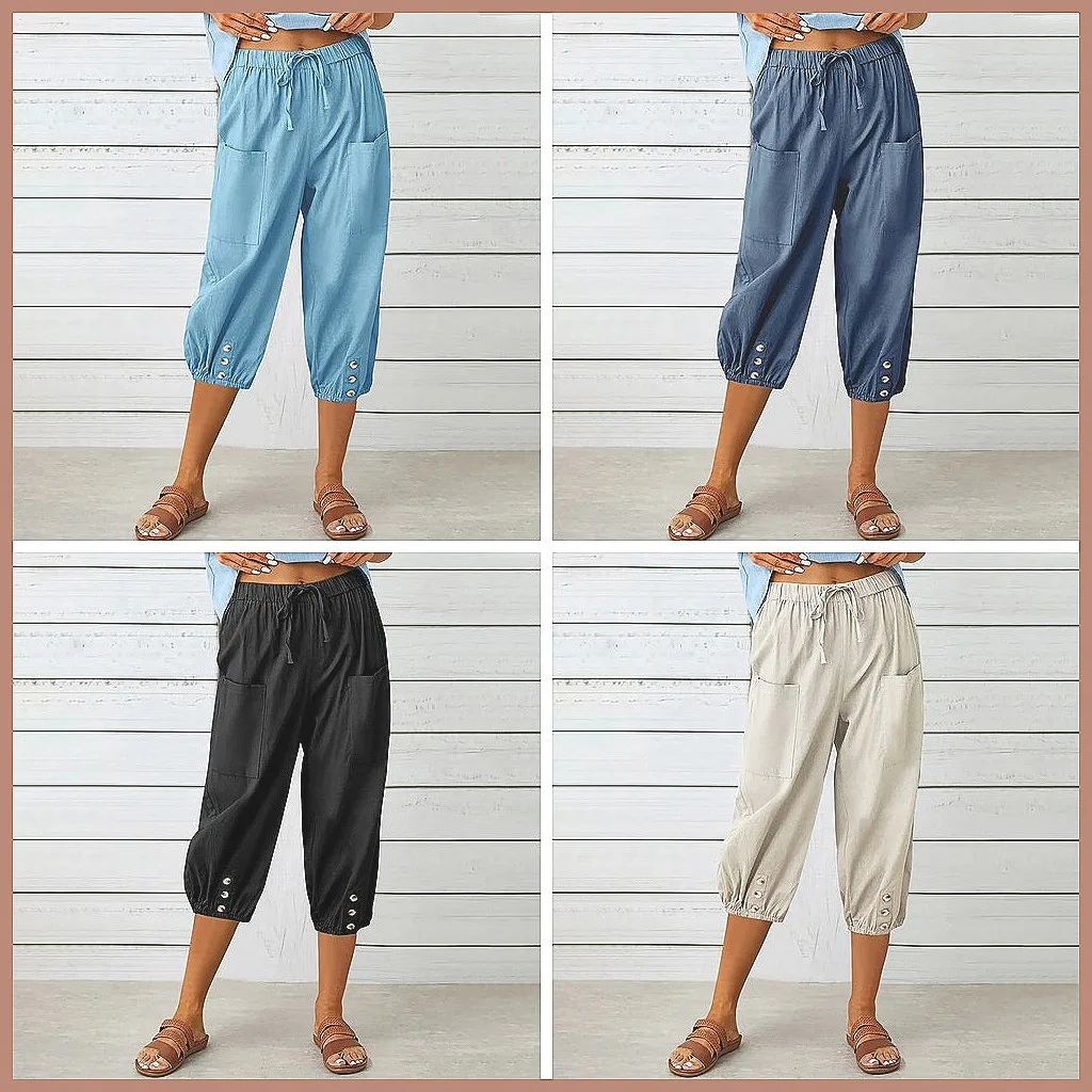 

Women's High Waist Harem Pants, Elastic Loose Tapered Cropped Trousers with Pockets Casual Comfort