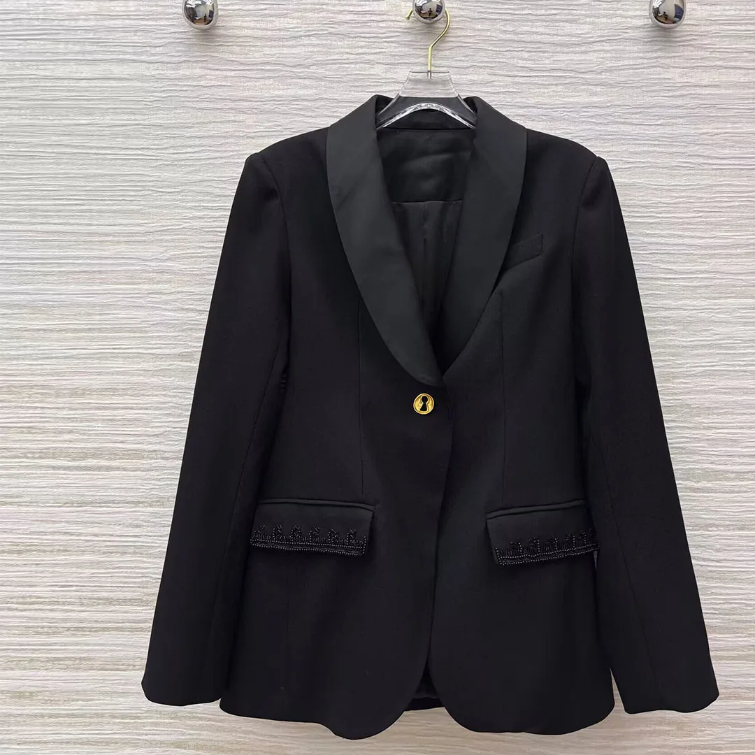 

High Quality Novelty Gold Eye Buttons Blazer Jacket Women Patchwork Lapel Embroidery Pockets Black Elegant Advanced Suit Coat