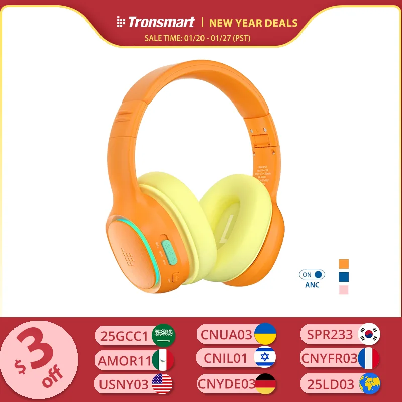 Tronsmart KH03 Bluetooth Kids Headphones with Active Noise Cancellation, Built-in HD Mic, LED Mode, for Gift, Children, Travel