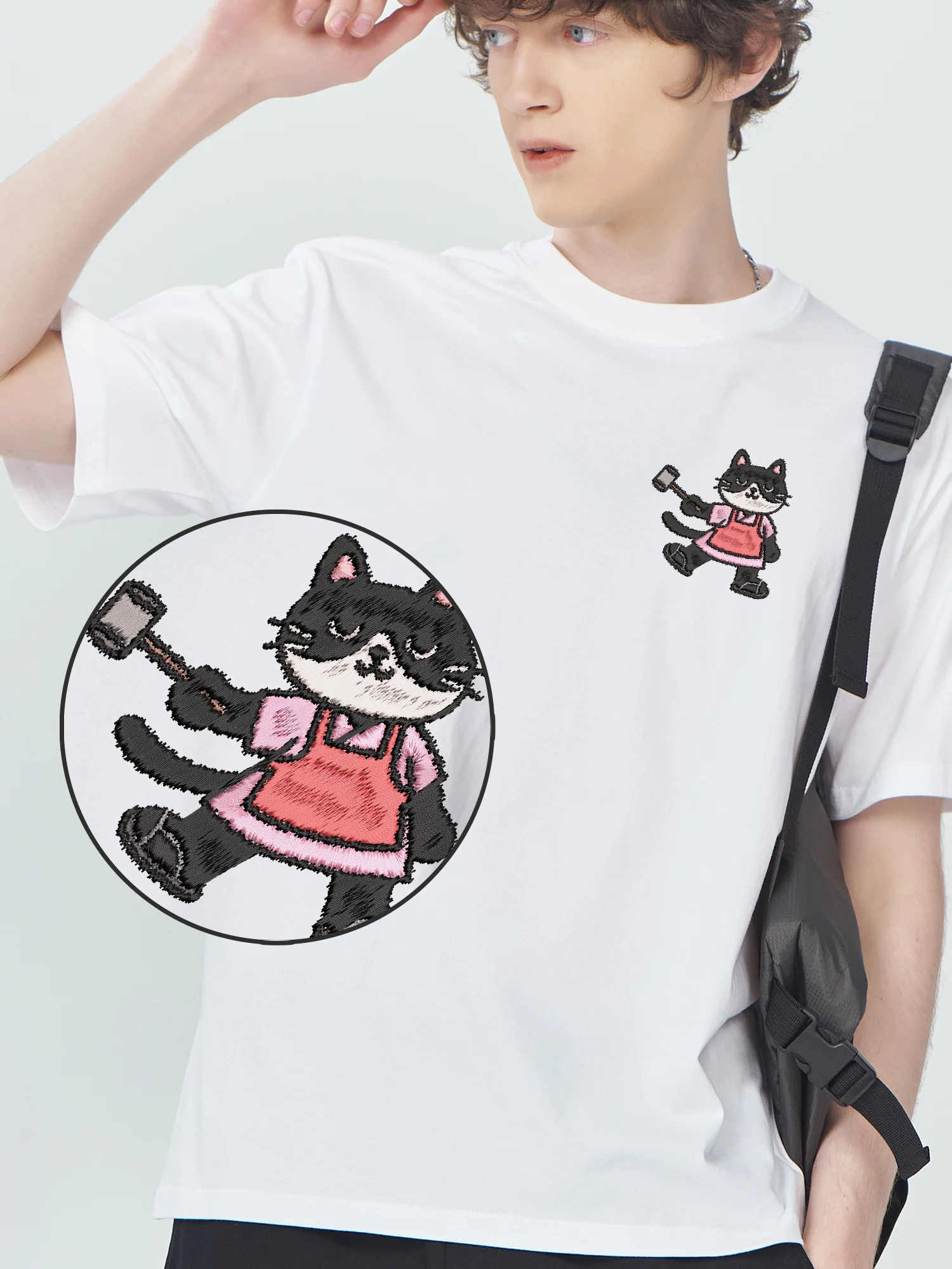 

Latest Embroidered Tshirts Cool Cat Take Hammer Graphic T-Shirt Unisex Casual Loose Fit Comfortable Embroidery Tees​