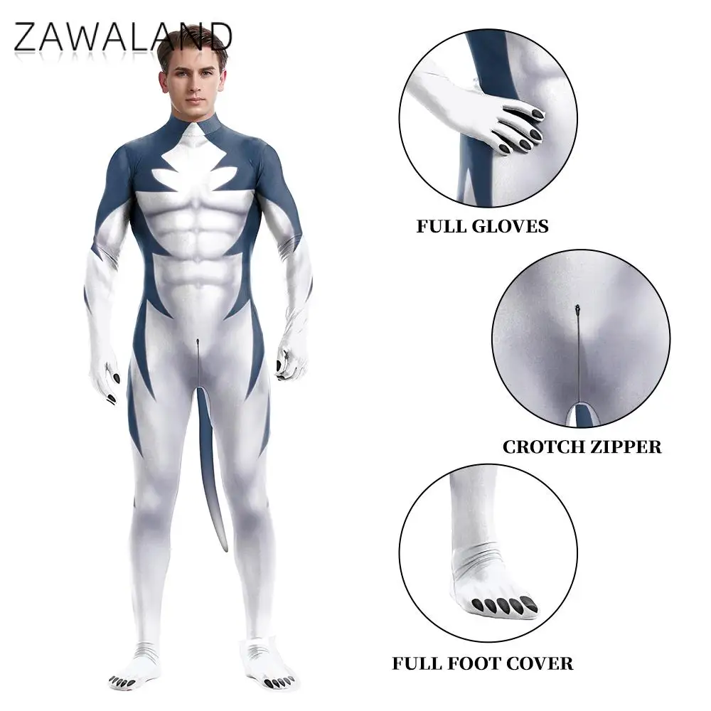 Zawaland Blue Husky Petsuit para adultos e crianças, traje cosplay animal peludo com cauda, terno Zentai para o Halloween, roupas de festa