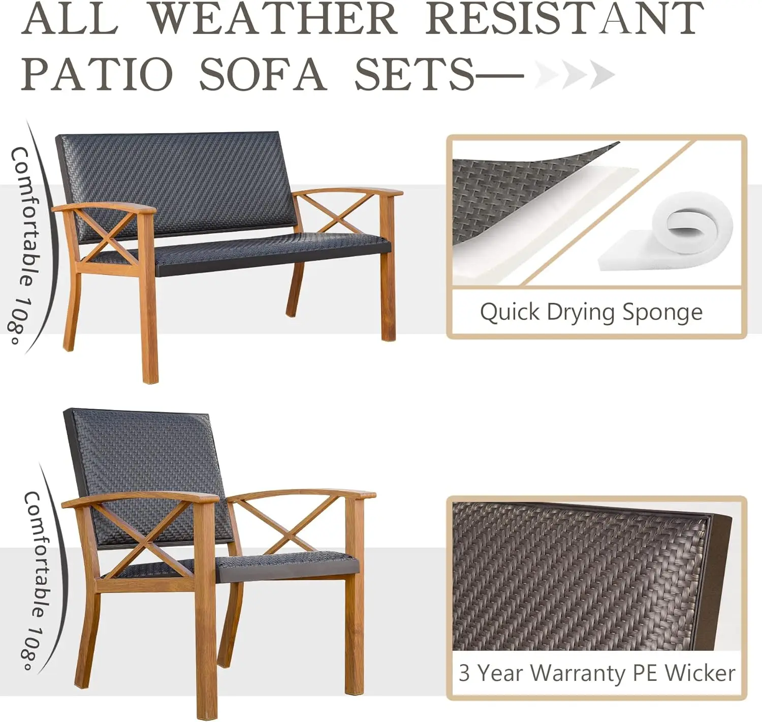 Patio Funiture Set, Outdoor Aluminum Wicker Padded Sofa,Garden Conversation Set with Beige Sunbrella Pillows