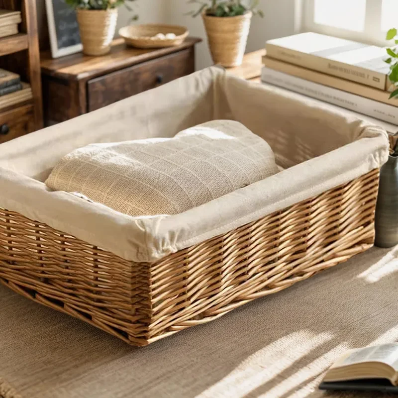 سلال خوص منسوجة يدويًا سلة تخزين منسوجة أشتات منظم الملابس سلة الغسيل اللعب حاوية الوجبات الخفيفة صندوق تخزين مكتبي
